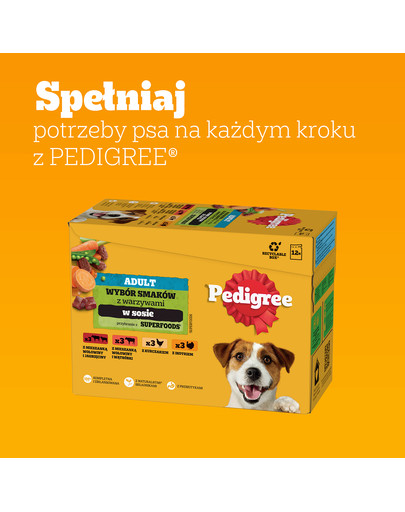 PEDIGREE Adult Wybór Smaków z warzywami saszetki 12x100 g mokra karma pełnoporcjowa dla dorosłych psów, z mieszanką wołowiny i jagnięciny, z mieszanką wołowiny i wątróbki, z kurczakiem, z indykiem, w sosie