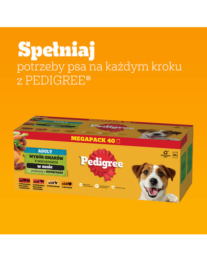 PEDIGREE Adult Wybór Smaków z warzywami saszetki 40x100 g mokra karma pełnoporcjowa dla dorosłych psów, z mieszanką wołowiny i jagnięciny, z mieszanką wołowiny i wątróbki, z kurczakiem, z indykiem, w sosie