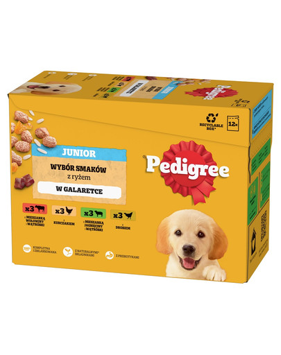 PEDIGREE Junior Wybór smaków z ryżem saszetki 12x100g mokra karma dla szczeniąt w galaretce z kurczakiem, jagnięciną, drobiem i wołowiną