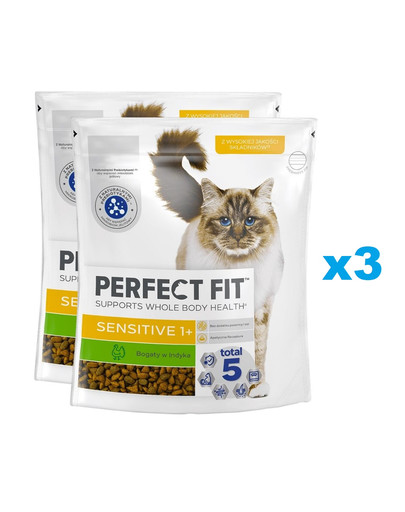 PERFECT FIT Sensitive 1+ 6x750 g sucha karma pełnoporcjowa  dla dorosłych kotów bogata w bogata w indyka