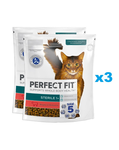 PERFECT FIT Sterile 1+ 6x750 g sucha karma pełnoporcjowa dla kota bogata w wołowinę
