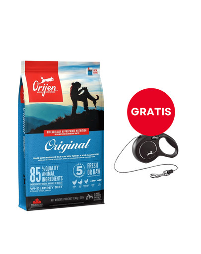 ORIJEN Original Dog 11,4 kg + FLEXI New Comfort S Cord 5 m black smycz automatyczna GRATIS