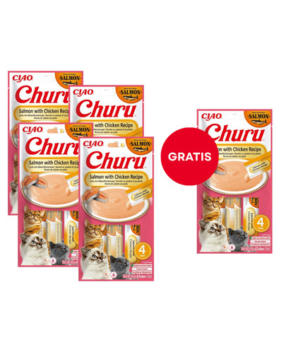 INABA Churu Cat Salmon with Chicken 4x14g kremowy przysmak dla kota o smaku łososia i kurczaka (4+1 GRATIS)