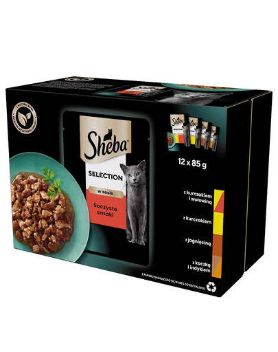 SHEBA Selection Soczyste Smaki saszetki 12x85 g mokra karma pełnoporcjowa dla dorosłych kotów w sosie kawałki z kurczakiem i wołowiną, kurczakiem, jagnięciną, kaczką i indykiem