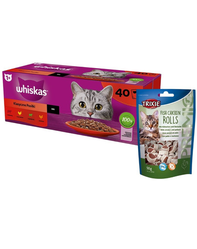 WHISKAS Klasyczne Posiłki mokra karma dla kotów w sosie 40x85 g + TRIXIE Krążki kurczak z łososiem 50 g