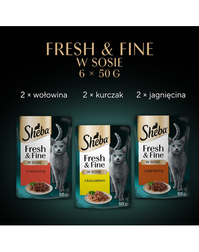 SHEBA Fresh & Fine saszetki 6x50 g mokra karma dla kotów w sosie z wołowiną, z kurczakiem, z jagnięciną
