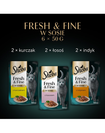 SHEBA Fresh & Fine saszetki 6x50 g mokra karma dla kotów w sosie z kurczakiem, z łososiem, z indykiem