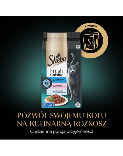 SHEBA Fresh Cuisine Taste of Tokyo saszetki 6x50g mokra karma pełnoporcjowa dla dorosłych kotów z tuńczykiem, z łososiem, z białą rybą i dodatkiem ryżu