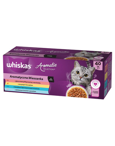 Adult Aromatyczna Mieszanka saszetki 40x85 g mokra karma pełnoporcjowa dla dorosłych kotów w sosie kawałki z glazurowaną wieprzowiną i marchewką, soczystym kurczakiem, z kawałkami ryb oceanicznych w bulionie, delikatnym łososiem i groszkiem