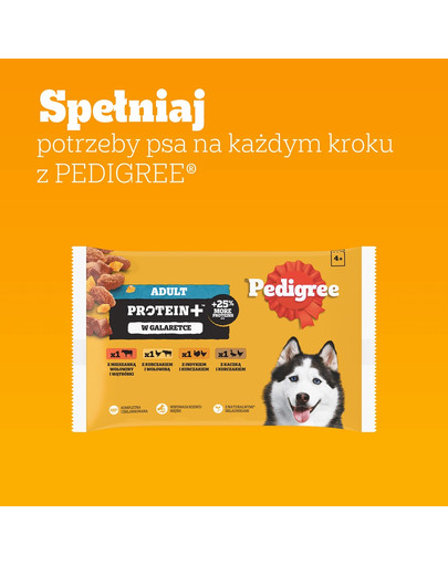 PEDIGREE Adult Protein+ saszetki 4x85 g mokra karma pełnoporcjowa dla dorosłych psów z mieszanką wołowiny i wątróbki, z kurczakiem i wołowiną, z indykiem i kurczakiem, z kaczką i kurczakiem w galaretce