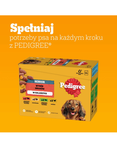 PEDIGREE Senior Wybór Smaków saszetki 12x100 g mokra karma pełnoporcjowa dla dorosłych psów z mieszanką wołowiny i wątróbki, z kurczakiem, z mieszanką jagnięciny i wątróbki, z drobiem w galaretce