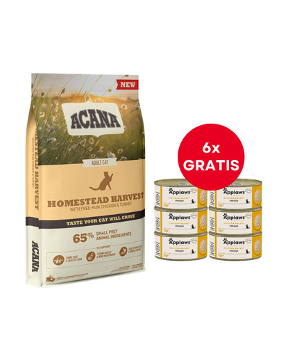 ACANA Homestead Harvest Cat 4,5 kg + APPLAWS Cat Adult Mousse Chicken mus z kurczakiem 6 x 70g GRATIS