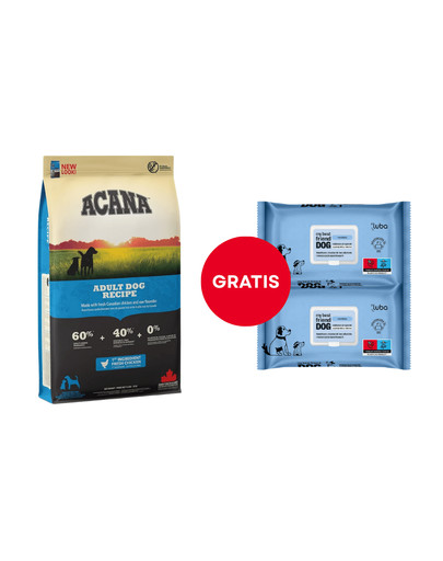 ACANA Adult Dog Recipe Chicken 11.4 kg + LUBA My best friend Nawilżane chusteczki do oczyszczania i ochrony skóry oraz sierści 2 x 60 szt. GRATIS