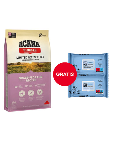 ACANA Grass-Fed Lamb 11.4 kg + LUBA My best friend Nawilżane chusteczki do oczyszczania i ochrony skóry oraz sierści 2 x 60 szt. GRATIS