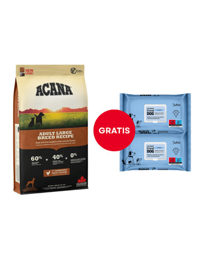 ACANA Adult large breed 11.4 kg + LUBA My best friend Nawilżane chusteczki do oczyszczania i ochrony skóry oraz sierści 2 x 60 szt. GRATIS