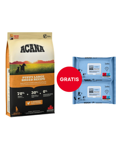 ACANA Puppy large breed recipe 11,4 kg + LUBA My best friend Nawilżane chusteczki do oczyszczania i ochrony skóry oraz sierści 2 x 60 szt. GRATIS