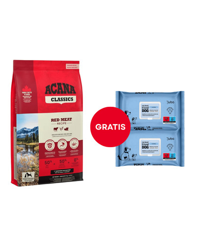 ACANA Classic Red Meat 9,7 kg + LUBA My best friend Nawilżane chusteczki do oczyszczania i ochrony skóry oraz sierści 2 x 60 szt. GRATIS
