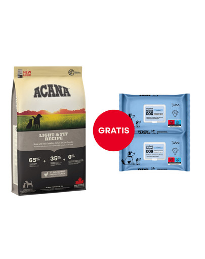 ACANA Light & Fit Dog 11.4 kg + LUBA My best friend Nawilżane chusteczki do oczyszczania i ochrony skóry oraz sierści 2 x 60 szt. GRATIS