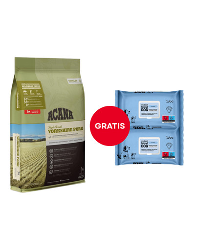 ACANA Yorkshire Pork 6 kg + LUBA My best friend Nawilżane chusteczki do oczyszczania i ochrony skóry oraz sierści 2 x 60 szt. GRATIS