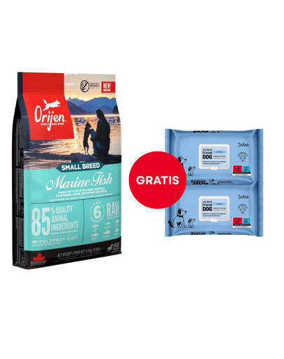 ORIJEN Small Breed Marine Fish 4,5 kg + LUBA My best friend Nawilżane chusteczki do oczyszczania i ochrony skóry oraz sierści 2 x 60 szt. GRATIS