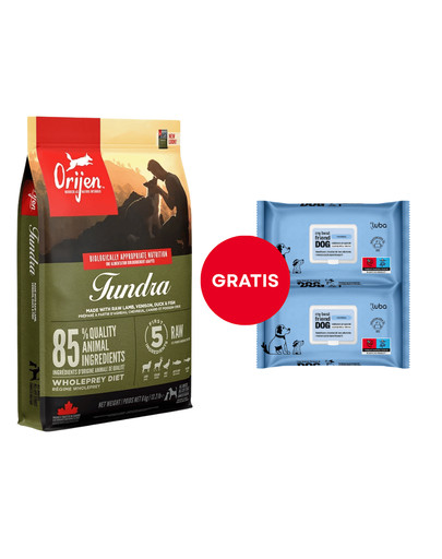 ORIJEN Tundra Dog 6 kg + LUBA My best friend Nawilżane chusteczki do oczyszczania i ochrony skóry oraz sierści 2 x 60 szt. GRATIS