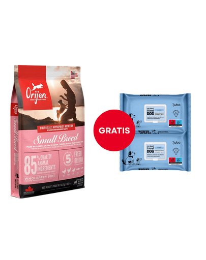 ORIJEN Small Breed Dog 4,5 kg + LUBA My best friend Nawilżane chusteczki do oczyszczania i ochrony skóry oraz sierści 2 x 60 szt. GRATIS