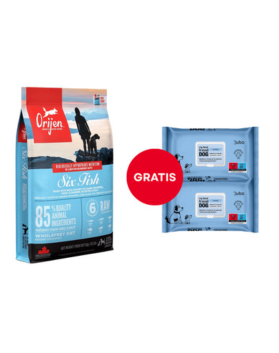 ORIJEN 6 Fish Dog 6 kg + LUBA My best friend Nawilżane chusteczki do oczyszczania i ochrony skóry oraz sierści 2 x 60 szt. GRATIS