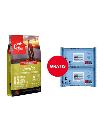 ORIJEN Senior Dog 6 kg + LUBA My best friend Nawilżane chusteczki do oczyszczania i ochrony skóry oraz sierści 2 x 60 szt. GRATIS