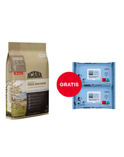 ACANA Singles Free-Run Duck 6 kg + LUBA My best friend Nawilżane chusteczki do oczyszczania i ochrony skóry oraz sierści 2 x 60 szt. GRATIS