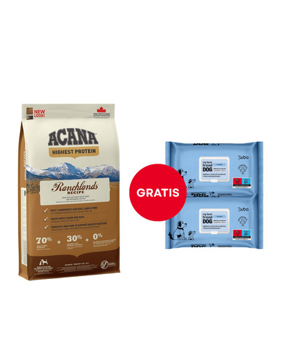 ACANA Highest Protein Ranchlands Dog 11,4 kg + LUBA My best friend Nawilżane chusteczki do oczyszczania i ochrony skóry oraz sierści 2 x 60 szt. GRATIS