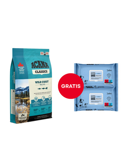 ACANA Wild Coast 6 kg + LUBA My best friend Nawilżane chusteczki do oczyszczania i ochrony skóry oraz sierści 2 x 60 szt. GRATIS
