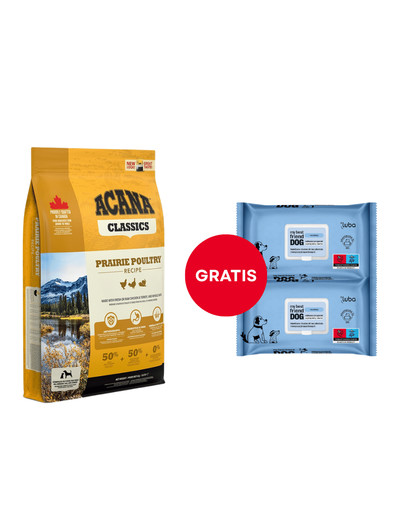 ACANA Prairie Poultry 6 kg + LUBA My best friend Nawilżane chusteczki do oczyszczania i ochrony skóry oraz sierści 2 x 60 szt. GRATIS