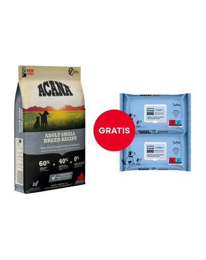 ACANA Adult small breed 6 kg + LUBA My best friend Nawilżane chusteczki do oczyszczania i ochrony skóry oraz sierści 2 x 60 szt. GRATIS