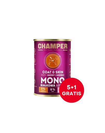 CHAMPER Coat & Skin Łosoś monobiałkowa karma dla psa 6 x 400 g (5+1 GRATIS)
