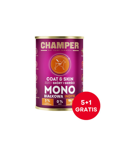 CHAMPER Coat & Skin Indyk monobiałkowa karma dla psa 6 x 400 g (5+1 GRATIS)