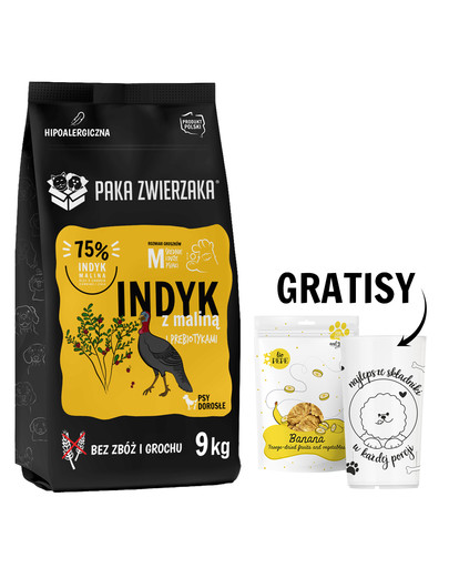 PAKA ZWIERZAKA Seventh Heaven Karma sucha Indyk z maliną M 9 kg + liofilizowane owoce (banan) dla psa 30 g i miarka do karmy suchej GRATIS