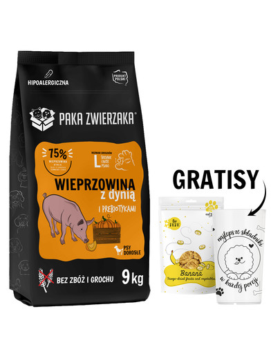 PAKA ZWIERZAKA Seventh Heaven Karma sucha Wieprzowina z dynią L 9 kg + + Liofilizowane owoce banan dla psa 30 g i miarka do karmy suchej GRATIS