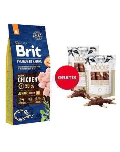 BRIT Premium By Nature Junior Medium M Chicken 15 kg + WOOLF Chicken And Rawhide Twister 2 x 100g suszona skóra owinięta kurczakiem GRATIS