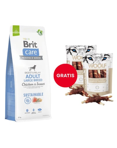 BRIT Care Dog Sustainable Adult Large Breed Chicken & Insect 12kg + WOOLF Chicken And Rawhide Twister 2 x 100g GRATIS