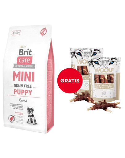 BRIT Care Mini Grain Free Mini Puppy lamb 7 kg + WOOLF Chicken And Rawhide Twister 2 x 100g suszona skóra owinięta kurczakiem GRATIS