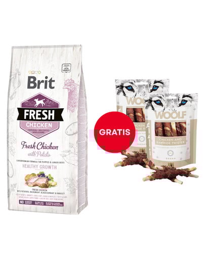 BRIT Fresh chicken with potato puppy healthy growth 12 kg + WOOLF Chicken And Rawhide Twister 2 x 100g suszona skóra owinięta kurczakiem GRATIS