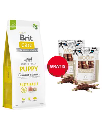 BRIT Care Sustainable Puppy z kurczakiem i insektami 12 kg + WOOLF Chicken And Rawhide Twister 2 x 100g suszona skóra owinięta kurczakiem GRATIS