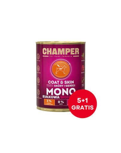 CHAMPER Coat & Skin Wołowina monobiałkowa karma dla psa 6 x 400 g (5+1 GRTIS)