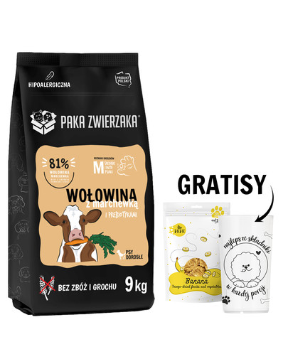 PAKA ZWIERZAKA Seventh Heaven Karma sucha Wołowina z marchewką M 9kg + + Liofilizowane owoce banan dla psa 30 g i miarka do karmy suchej GRATIS