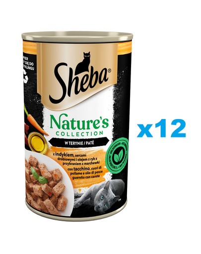 SHEBA puszka 12x400 g Nature's Collection mokra pełnoporcjowa karma dla dorosłych kotów z indykiem, sercami drobiowymi i olejem z ryb z przybraniem z marchewki w terynie