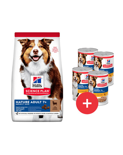 HILL'S Science Plan Canine Mature Adult Lamb & Rice 14 kg dla starszych psów + 4 puszki GRATIS
