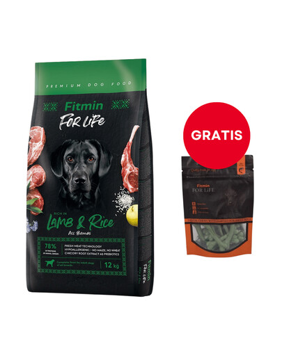 FITMIN dog For Life Lamb & Rice 12 kg + 70g pałeczki dentystyczne z wodorostami dla małych psów GRATIS