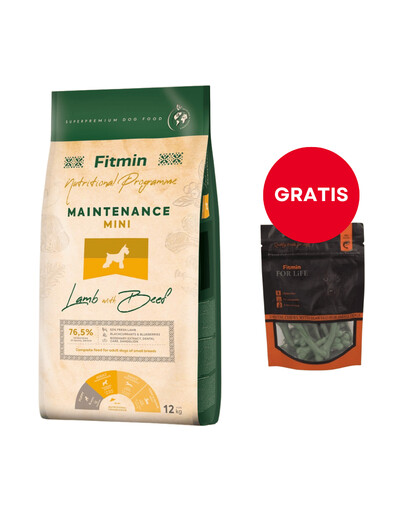 FITMIN Dog Nutritional Programme Mini Maintenance Lamb&Beef 12 kg dla dorosłych psów małych ras + 70g pałeczki dentystyczne z wodorostami dla małych psów GRATIS