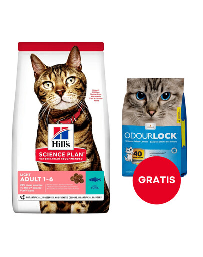 HILL'S Science Plan Feline Adult Tuna 10 kg karma z tuńczykiem dla mało aktywnych kotów + żwirek dla kotów 6 kg GRATIS