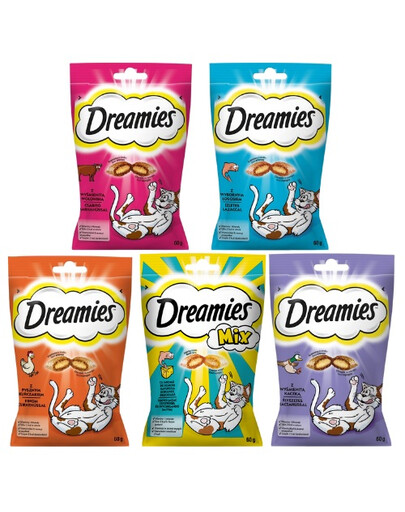 DREAMIES Mix smaków 5x60 g przysmaki dla kota z kaczką, serem i o smaku łososia, kurczakiem, wołowiną i łososiem